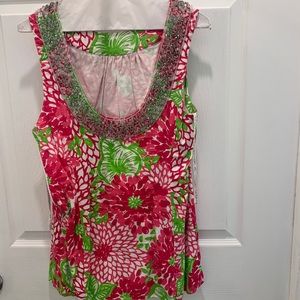 Lilly Pulitzer Jubilee Fushia Floral Beaded Top